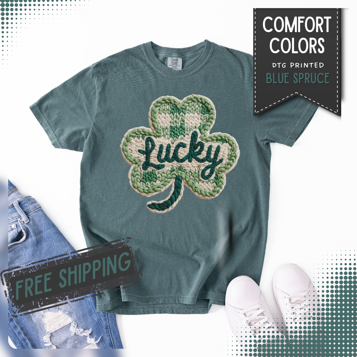 Lucky Shamrock Faux Knit - Comfort Colors | Trendy Men's and Women's T-Shirt. Direct to Garment. Printed & Shipped in the USA. Unisex Sizes.