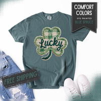Lucky Shamrock Faux Knit - Comfort Colors | Trendy Men's and Women's T-Shirt. Direct to Garment. Printed & Shipped in the USA. Unisex Sizes.