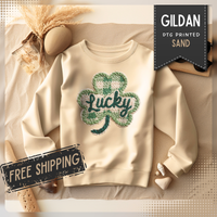 Lucky Shamrock Faux Knit – Gildan Heavy Blend | Trendy Men's and Women’s Soft Sweatshirt. Direct to Garment. Printed & Shipped in the USA. Unisex Sizes.