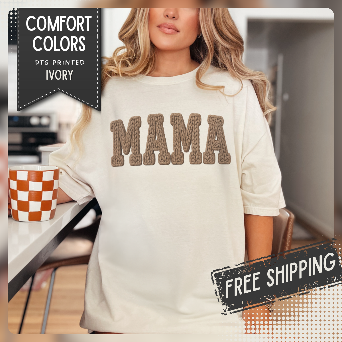 Mama, Faux Knit - Comfort Colors | Trendy Women's T-Shirt. Direct to Garment. Printed & Shipped in the USA. Unisex Sizes.