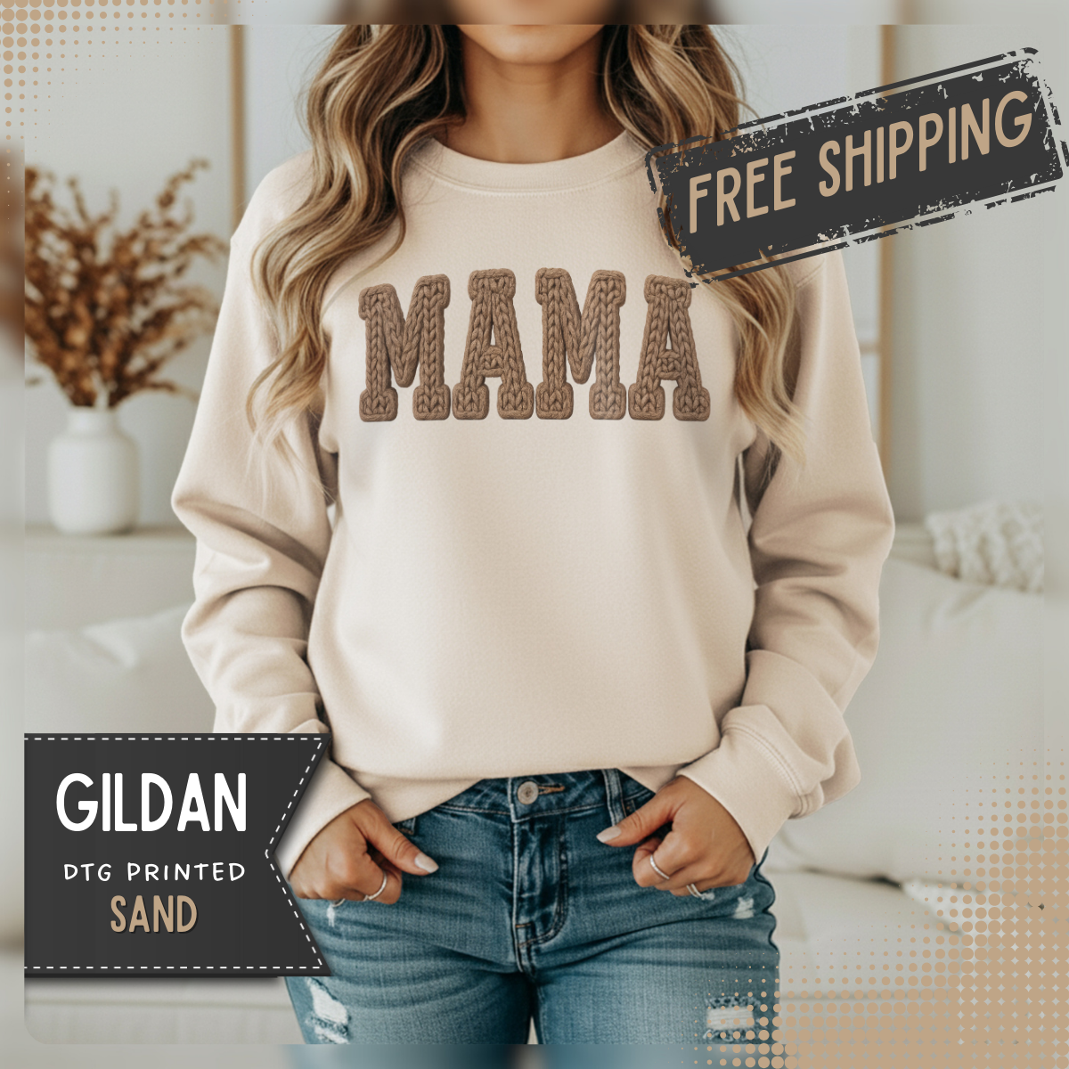 Mama, Faux Knit – Gildan Heavy Blend | Trendy Women’s Soft Sweatshirt. Direct to Garment. Printed & Shipped in the USA. Unisex Sizes.