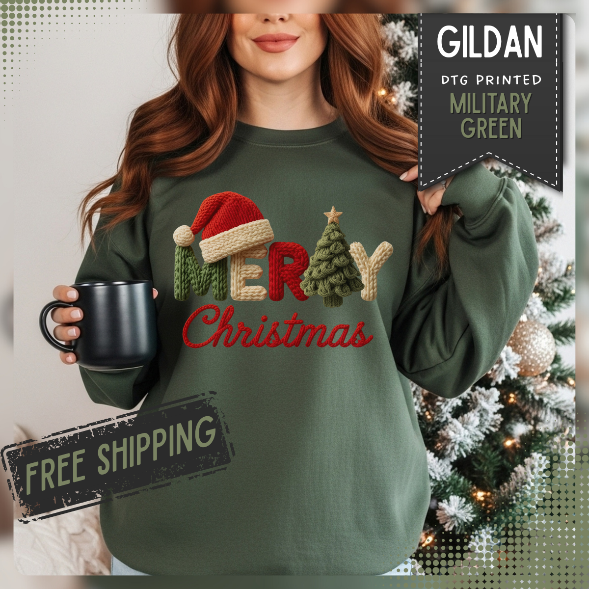 Merry Christmas Faux Yarn w/Santa Hat & Tree – Gildan Heavy Blend | Trendy Women’s Soft Sweatshirt. Direct to Garment. Printed & Shipped in the USA. Unisex Sizes.