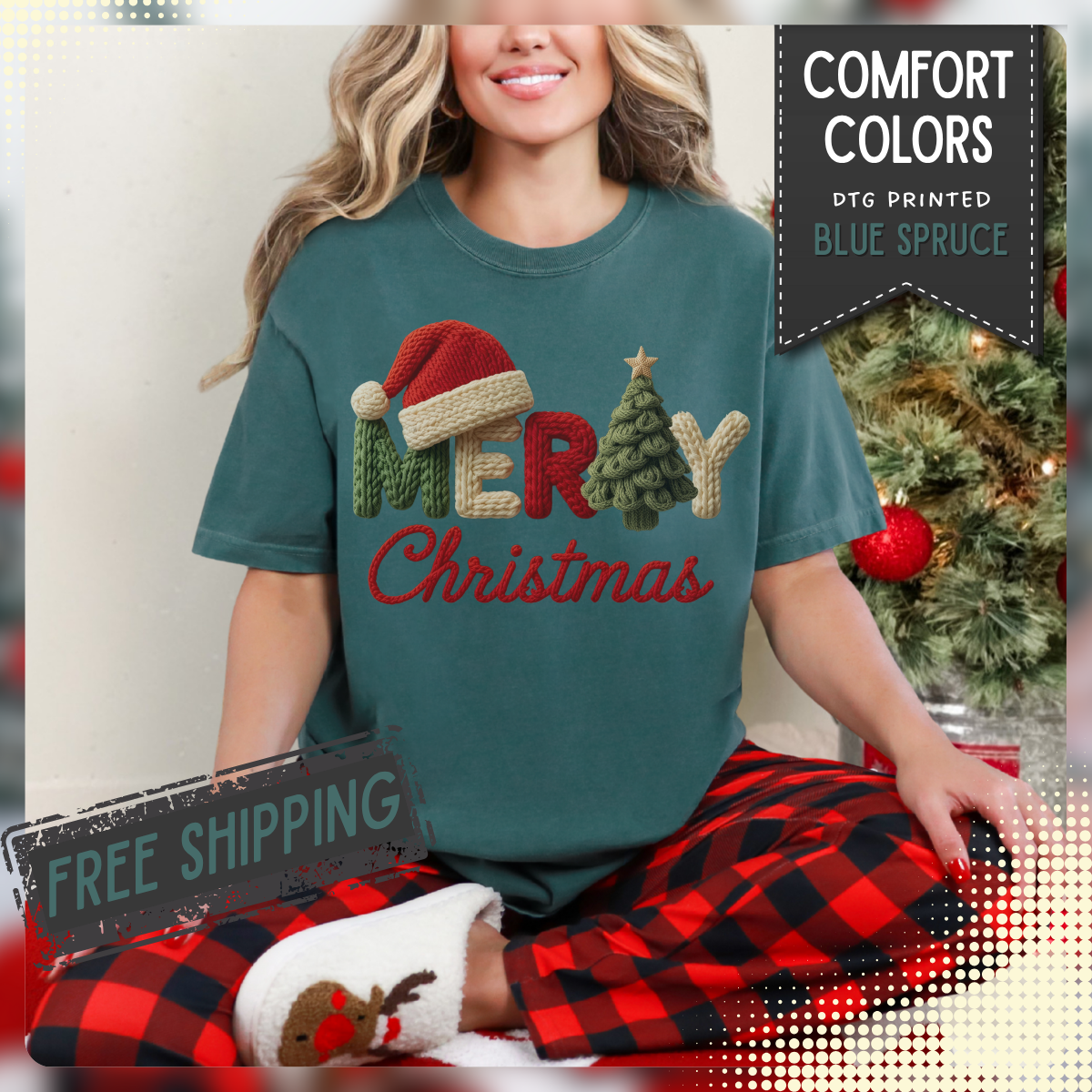 Merry Christmas Faux Yarn w/Santa Hat & Tree - Comfort Colors | Trendy Women's T-Shirt. Direct to Garment. Printed & Shipped in the USA. Unisex Sizes.