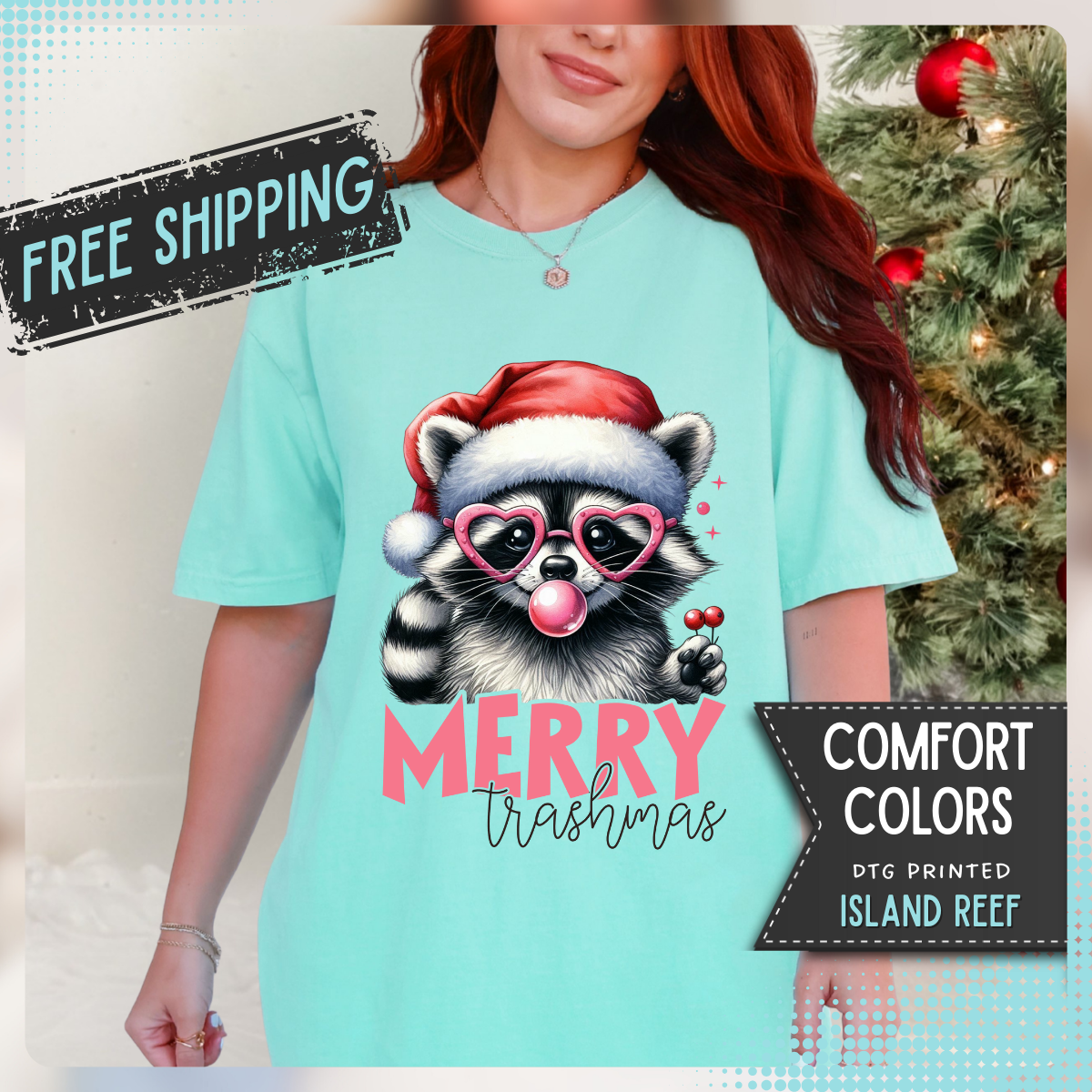 Merry Trashmas Bubblegum Raccoon w/Santa Hat Christmas - Comfort Colors | Trendy Women's T-Shirt. Direct to Garment. Printed & Shipped in the USA. Unisex Sizes.
