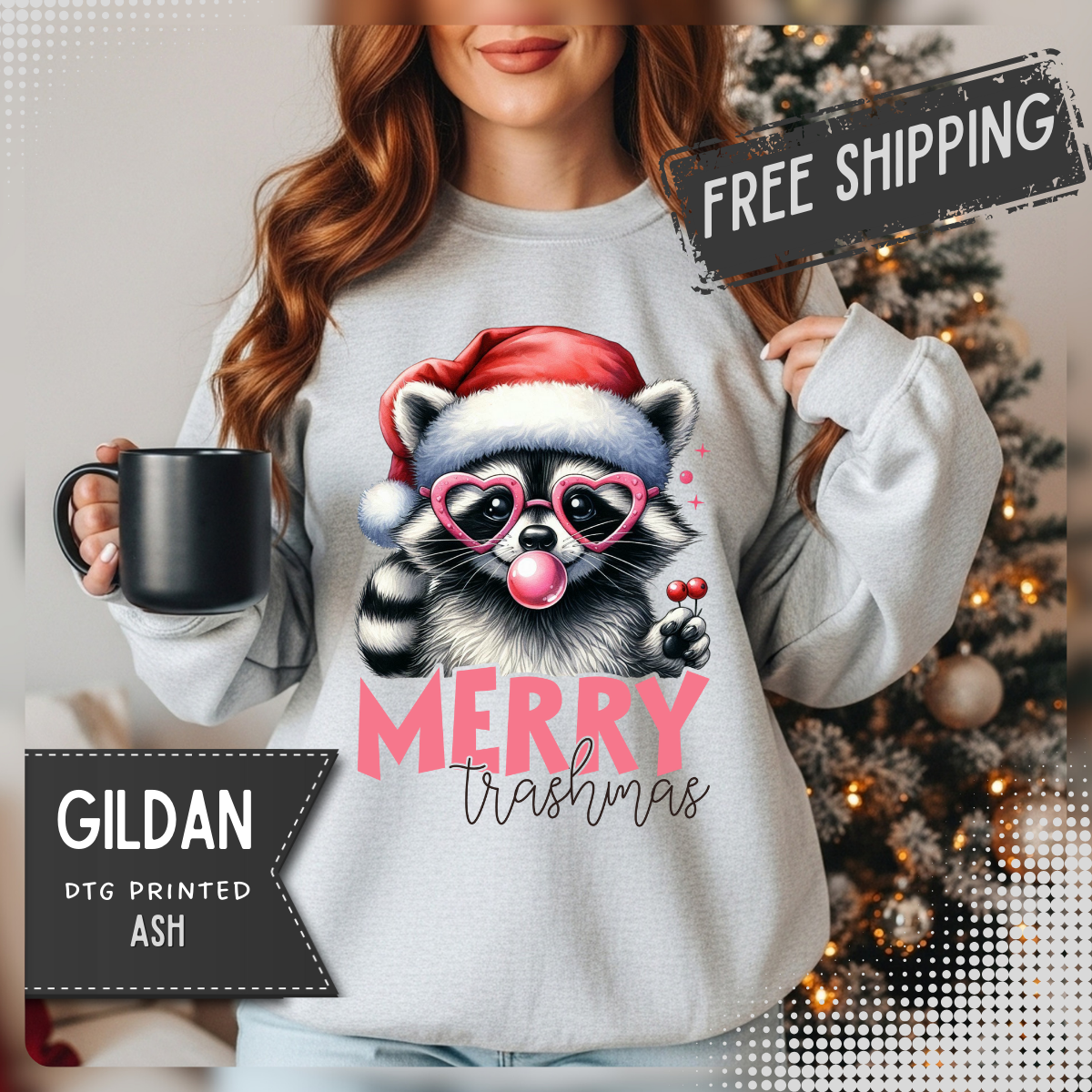 Merry Trashmas Bubblegum Raccoon w/Santa Hat Christmas – Gildan Heavy Blend | Trendy Women’s Soft Sweatshirt. Direct to Garment. Printed & Shipped in the USA. Unisex Sizes.