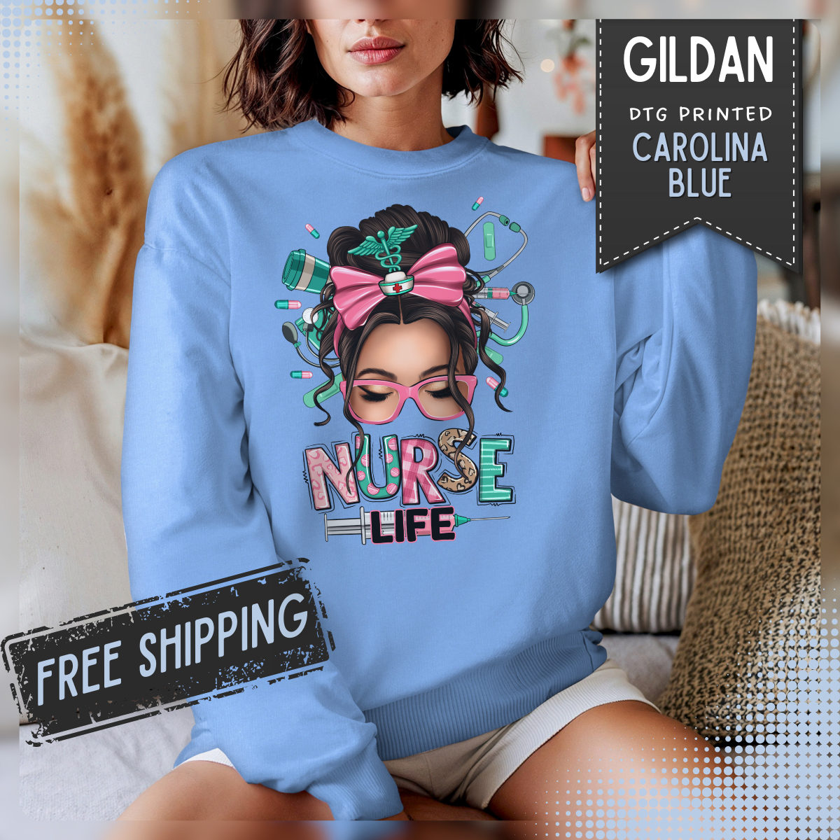 Nurse Life Messy Bun, Cute Stethescope & Syringe – Gildan Heavy Blend | Trendy Women’s Soft Sweatshirt. Direct to Garment. Printed & Shipped in the USA. Unisex Sizes.