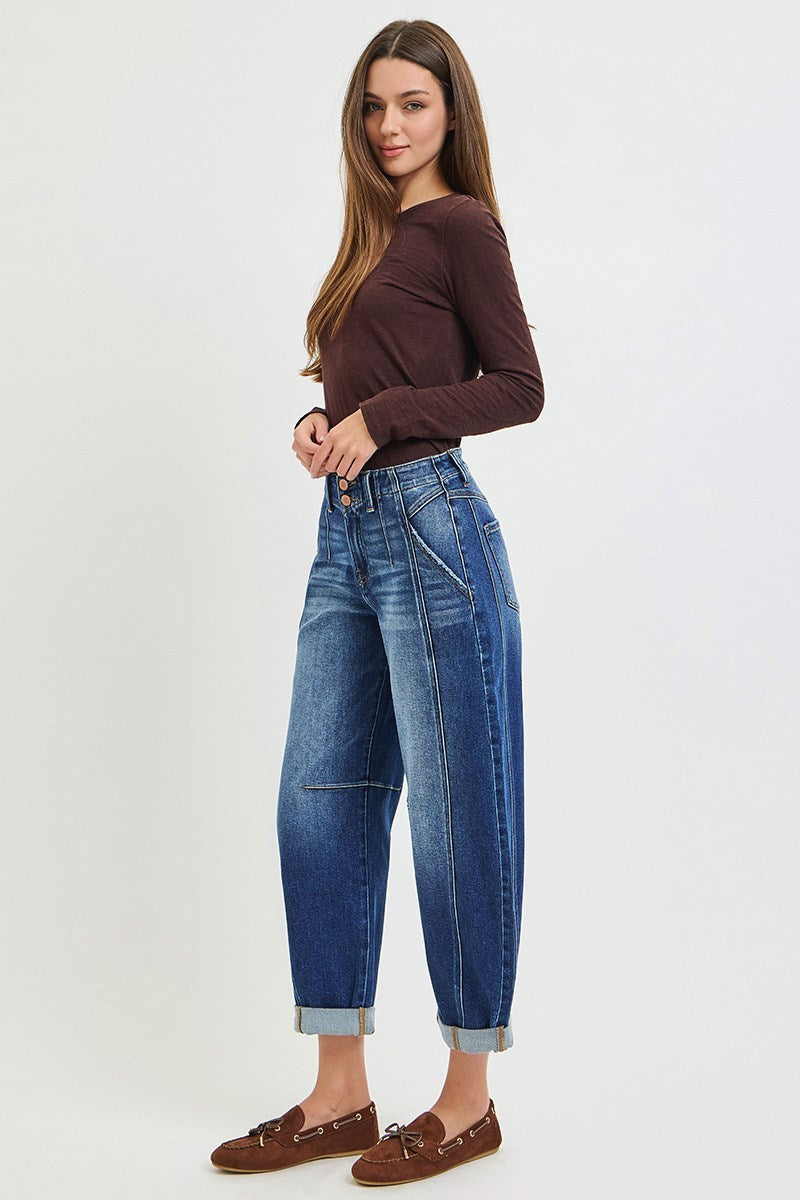 Destinee Dark Wash RISEN Barrel Jeans w/Cuffed Hem