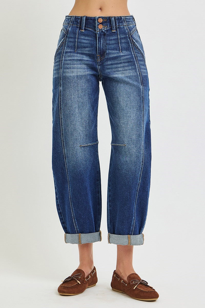 Destinee Dark Wash RISEN Barrel Jeans w/Cuffed Hem