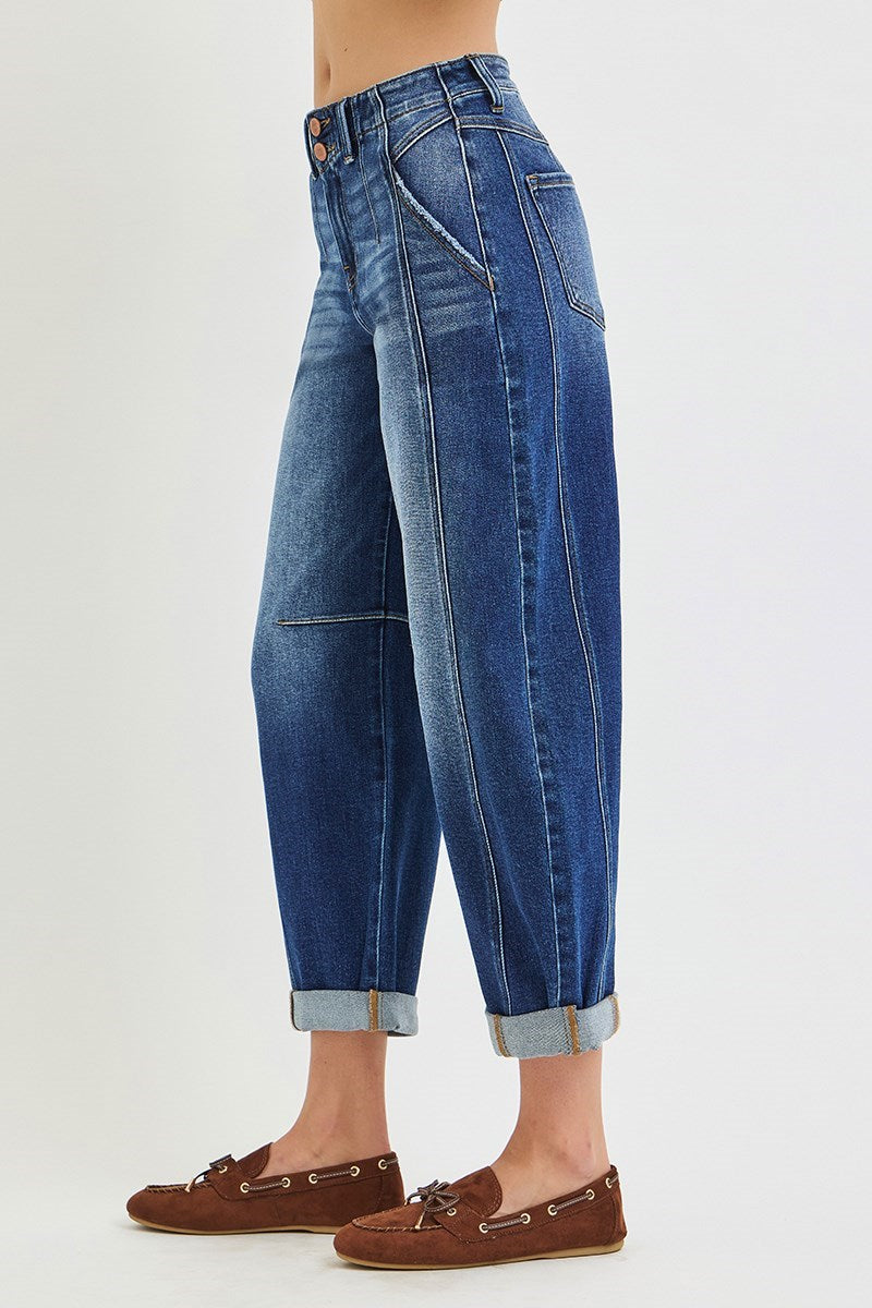 Destinee Dark Wash RISEN Barrel Jeans w/Cuffed Hem