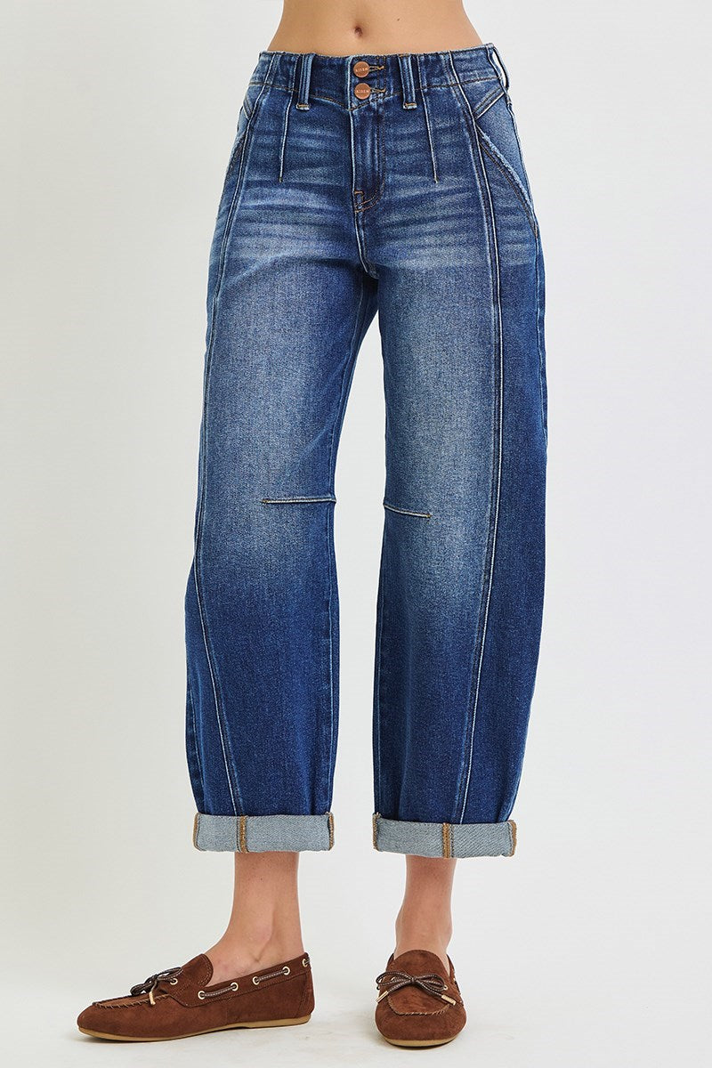 Destinee Dark Wash RISEN Barrel Jeans w/Cuffed Hem