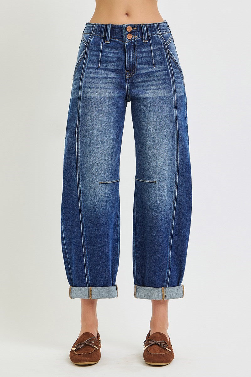 Destinee Dark Wash RISEN Barrel Jeans w/Cuffed Hem