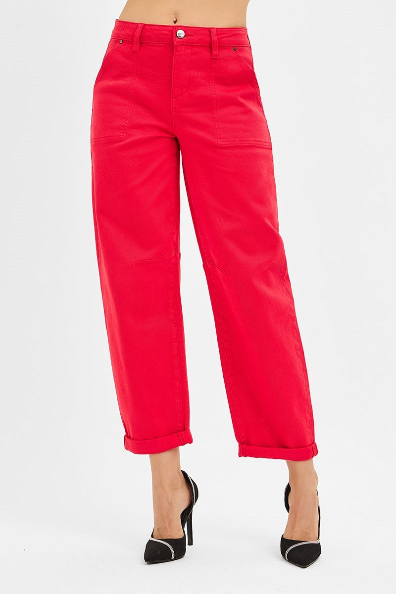 Scarlet (Red) High Rise RISEN Cuffed Barrel Jeans