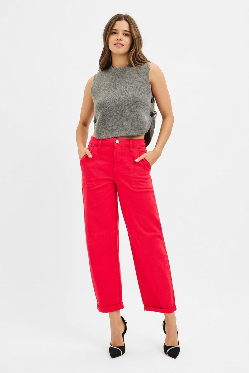 Scarlet (Red) High Rise RISEN Cuffed Barrel Jeans