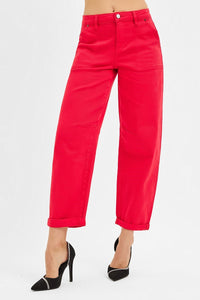 Scarlet (Red) High Rise RISEN Cuffed Barrel Jeans