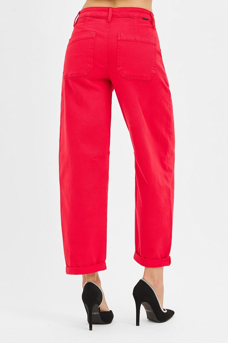 Scarlet (Red) High Rise RISEN Cuffed Barrel Jeans