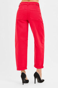 Scarlet (Red) High Rise RISEN Cuffed Barrel Jeans