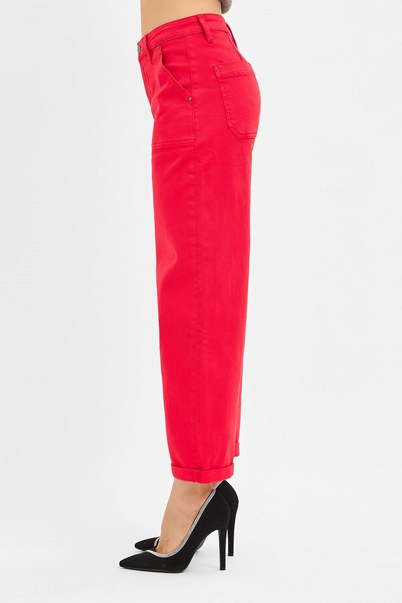 Scarlet (Red) High Rise RISEN Cuffed Barrel Jeans