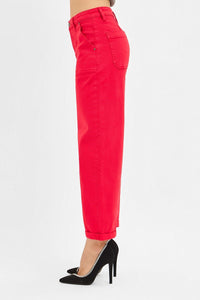Scarlet (Red) High Rise RISEN Cuffed Barrel Jeans