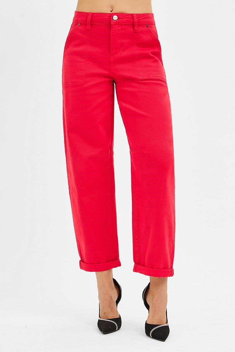 Scarlet (Red) High Rise RISEN Cuffed Barrel Jeans