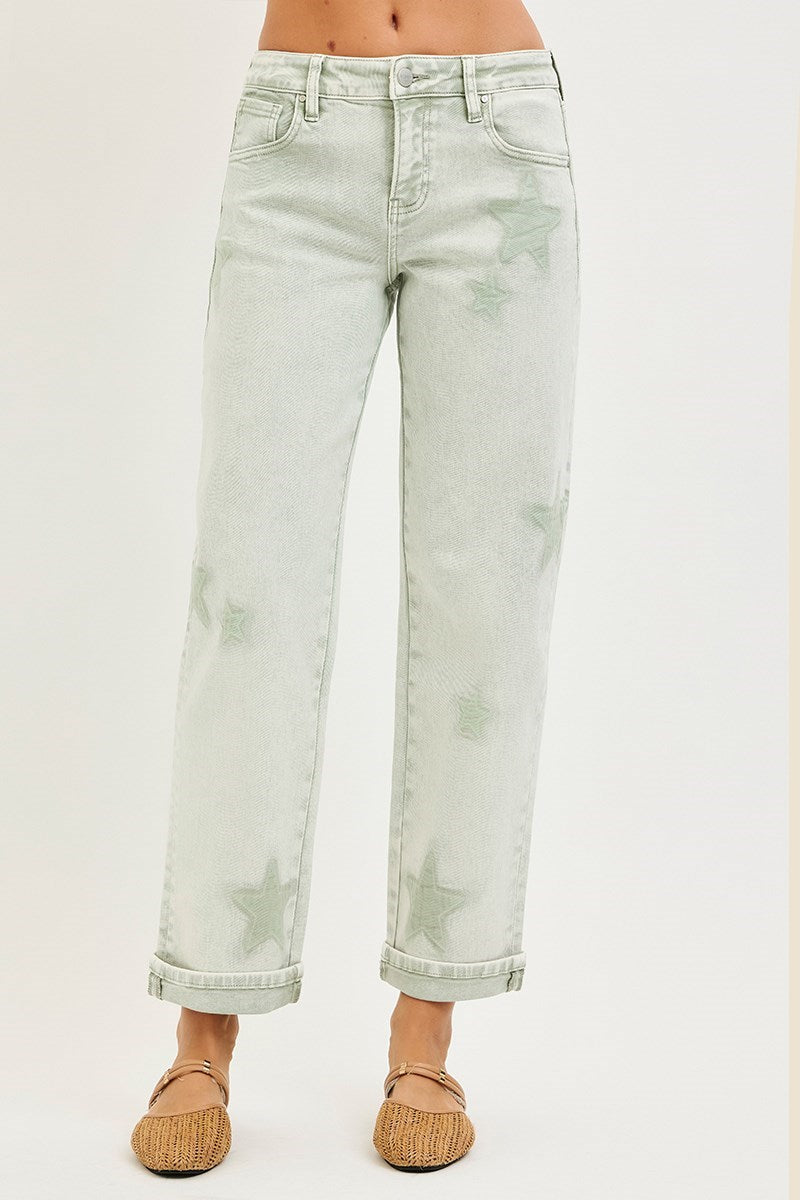 Boyfriend Star (Green) Faded-Wash RISEN Jeans