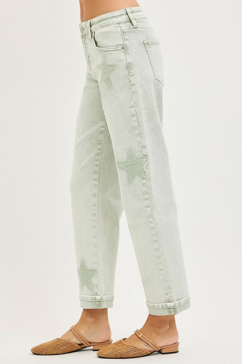 Boyfriend Star (Green) Faded-Wash RISEN Jeans