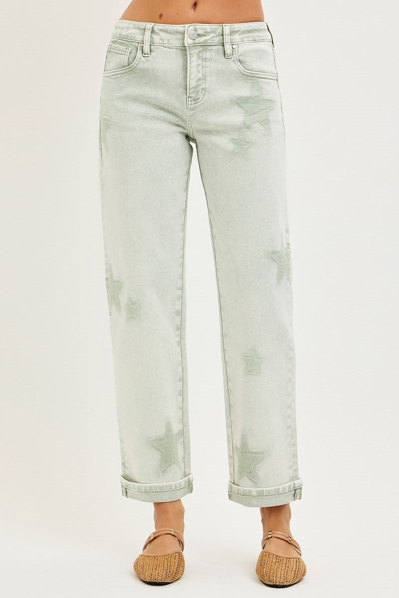 Boyfriend Star (Green) Faded-Wash RISEN Jeans