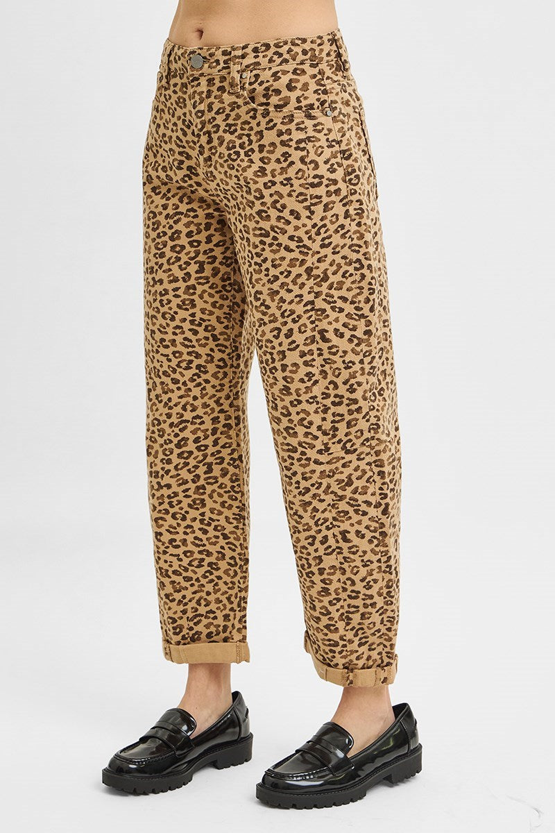 Lynsee (Brown) Cropped, Cuffed Barrel-Leg Leopard RISEN Pants