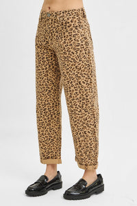 Lynsee (Brown) Cropped, Cuffed Barrel-Leg Leopard RISEN Pants