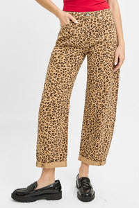 Lynsee (Brown) Cropped, Cuffed Barrel-Leg Leopard RISEN Pants