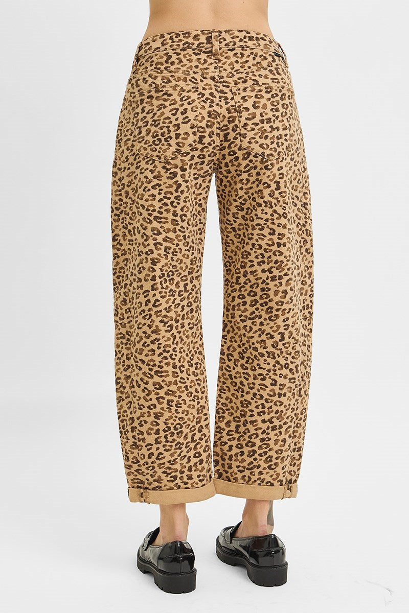Lynsee (Brown) Cropped, Cuffed Barrel-Leg Leopard RISEN Pants