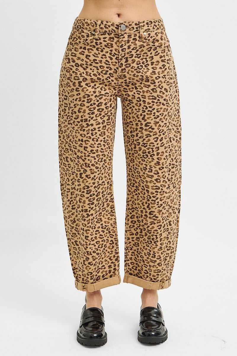 Lynsee (Brown) Cropped, Cuffed Barrel-Leg Leopard RISEN Pants