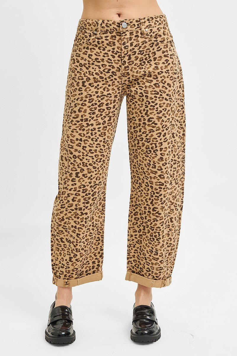 Lynsee (Brown) Cropped, Cuffed Barrel-Leg Leopard RISEN Pants
