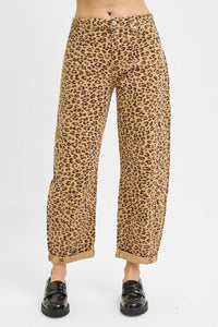 Lynsee (Brown) Cropped, Cuffed Barrel-Leg Leopard RISEN Pants