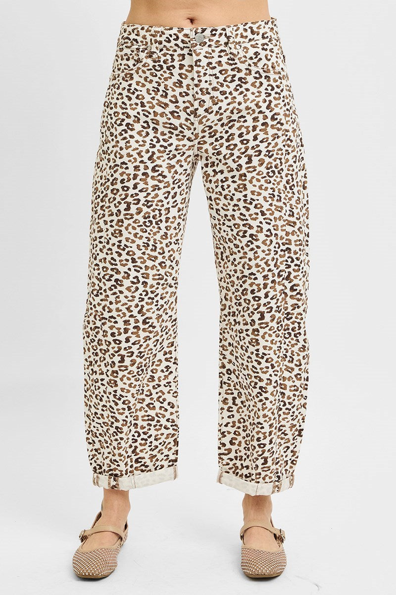 Lynsee Cropped, Cuffed Barrel-Leg Leopard RISEN Pants