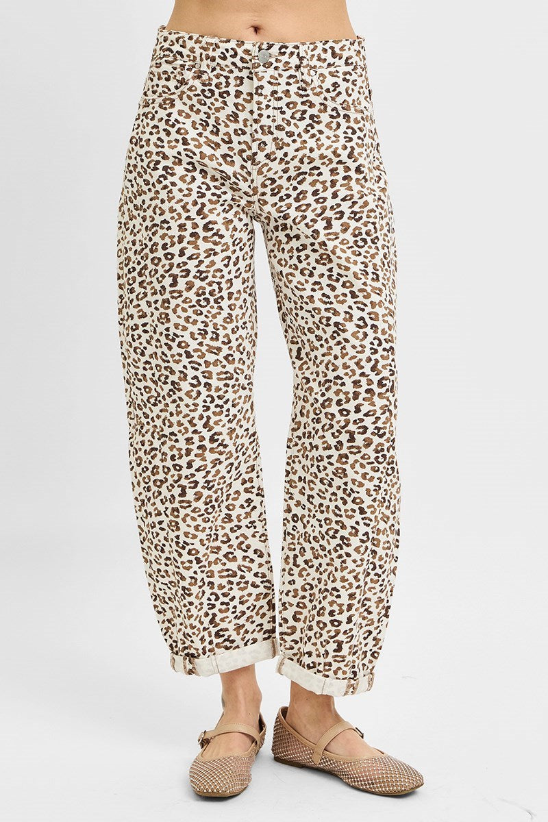 Lynsee Cropped, Cuffed Barrel-Leg Leopard RISEN Pants