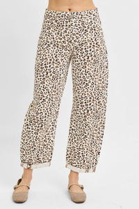 Lynsee Cropped, Cuffed Barrel-Leg Leopard RISEN Pants