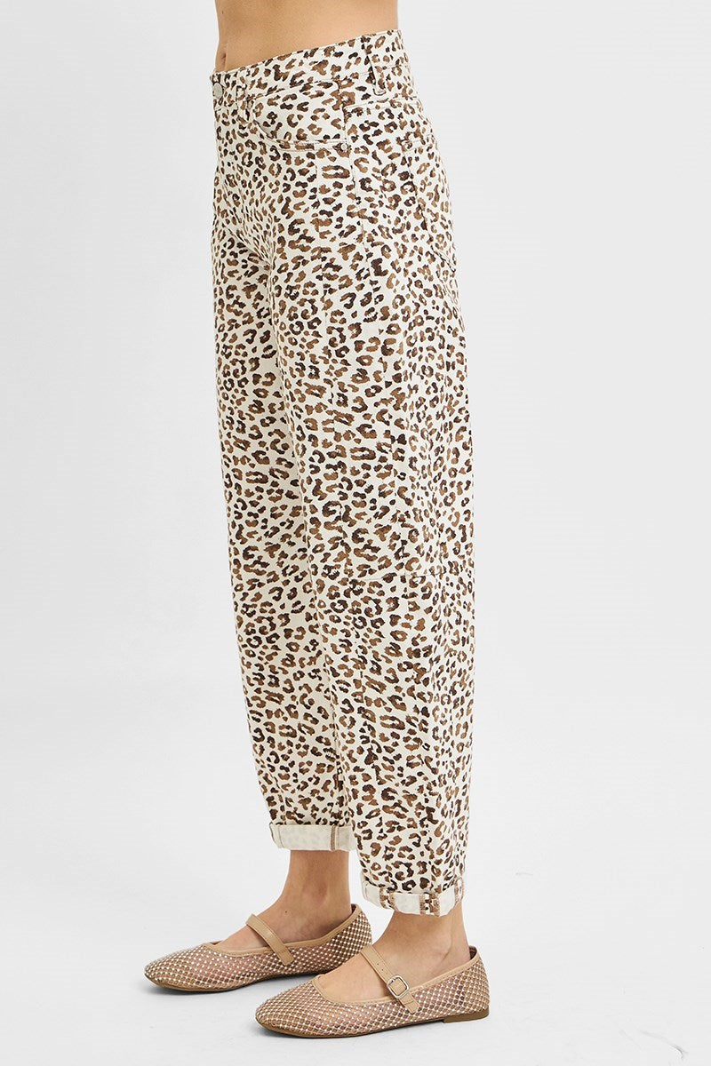 Lynsee Cropped, Cuffed Barrel-Leg Leopard RISEN Pants