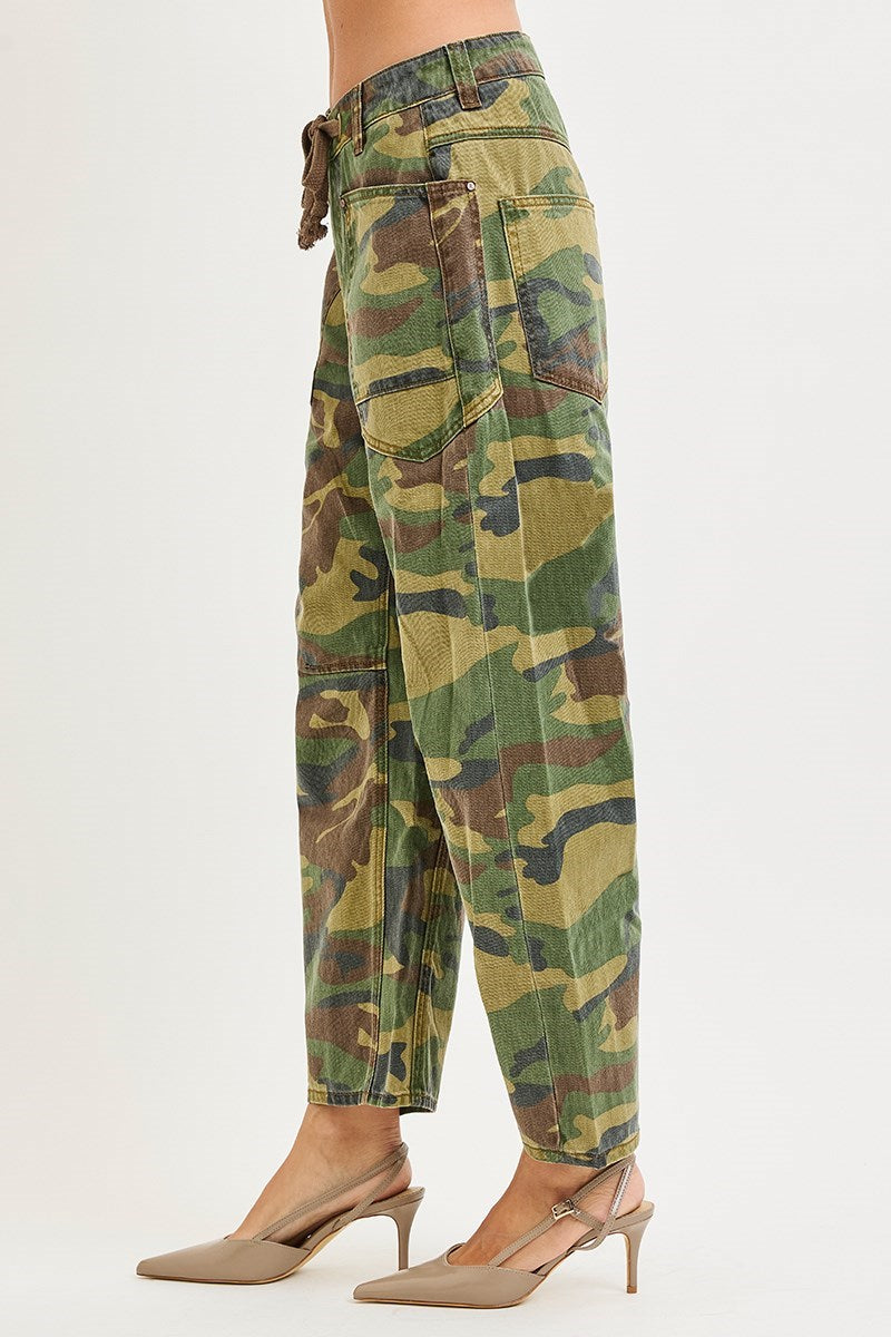 Becca Cropped Relaxed Barrel-Leg Camo RISEN Pants with Drawstring Waist