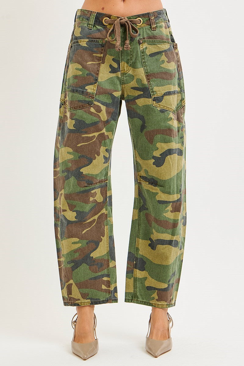 Becca Cropped Relaxed Barrel-Leg Camo RISEN Pants with Drawstring Waist