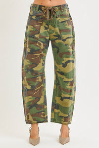 Becca Cropped Relaxed Barrel-Leg Camo RISEN Pants with Drawstring Waist