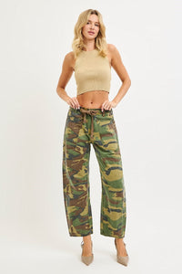 Becca Cropped Relaxed Barrel-Leg Camo RISEN Pants with Drawstring Waist