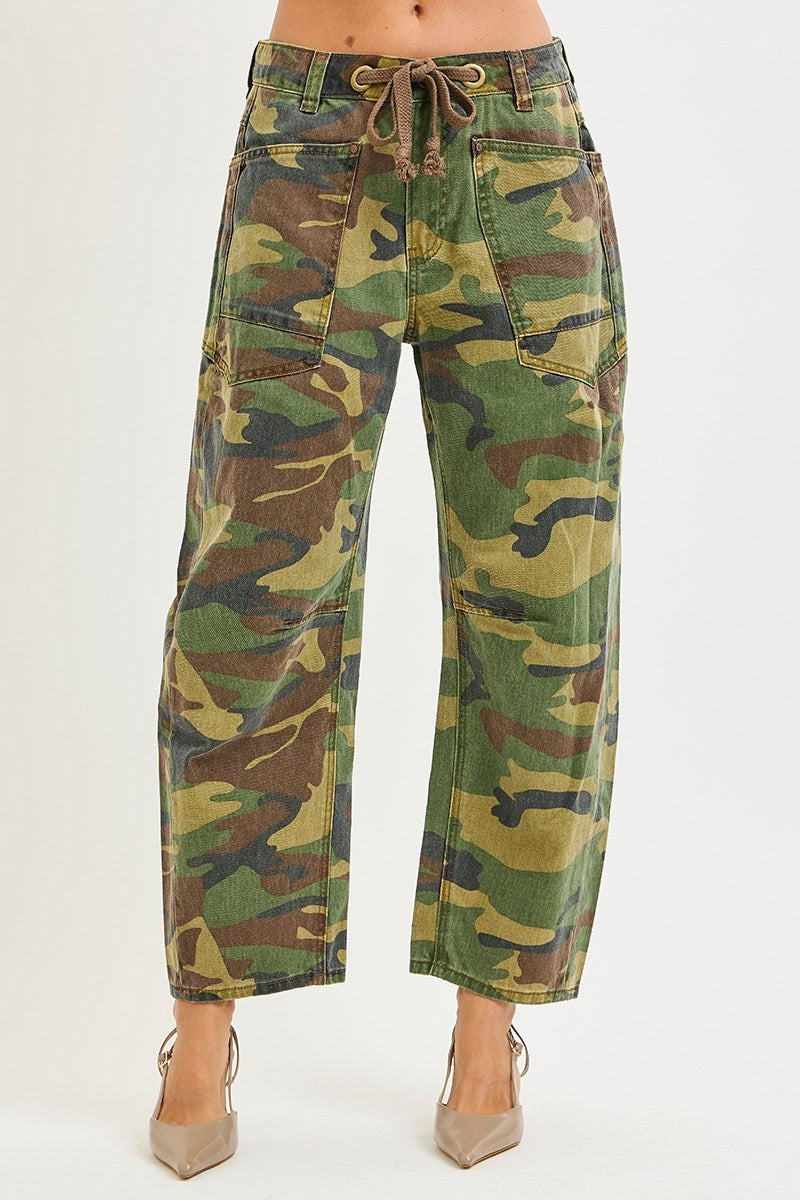 Becca Cropped Relaxed Barrel-Leg Camo RISEN Pants with Drawstring Waist