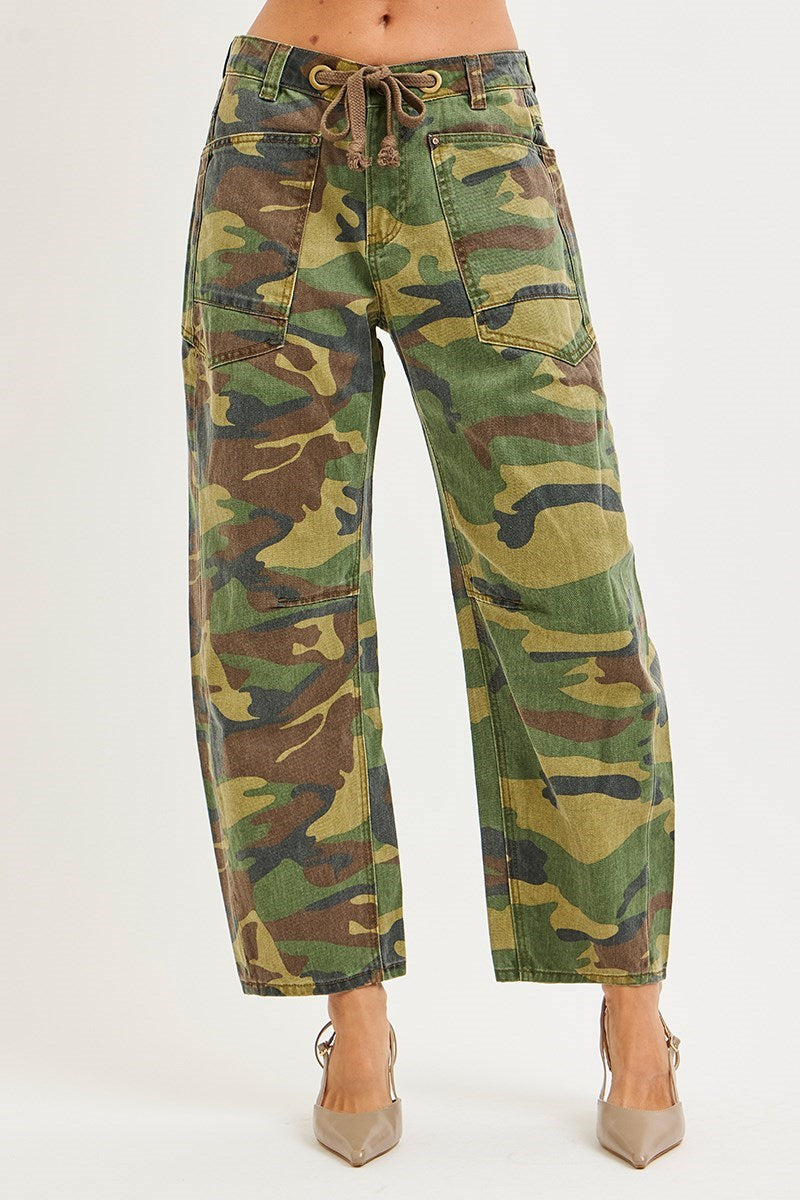 Becca Cropped Relaxed Barrel-Leg Camo RISEN Pants with Drawstring Waist