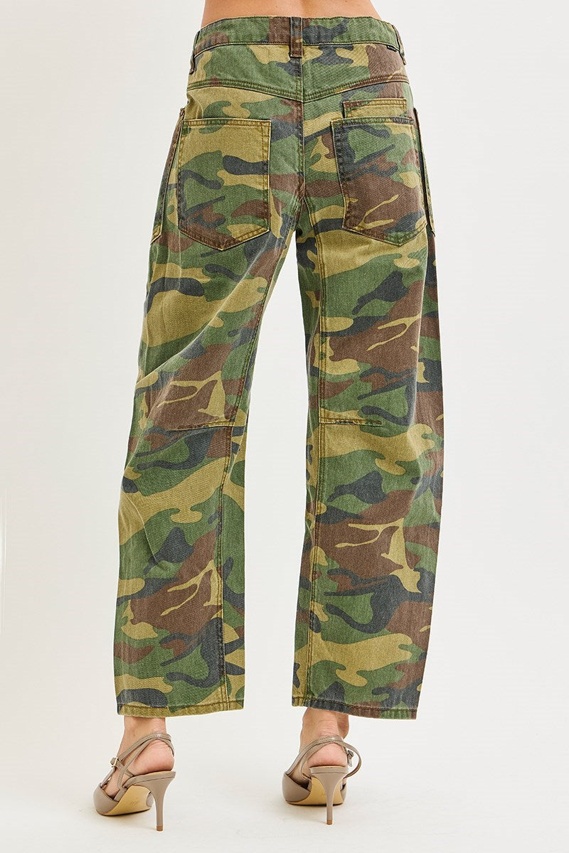 Becca Cropped Relaxed Barrel-Leg Camo RISEN Pants with Drawstring Waist