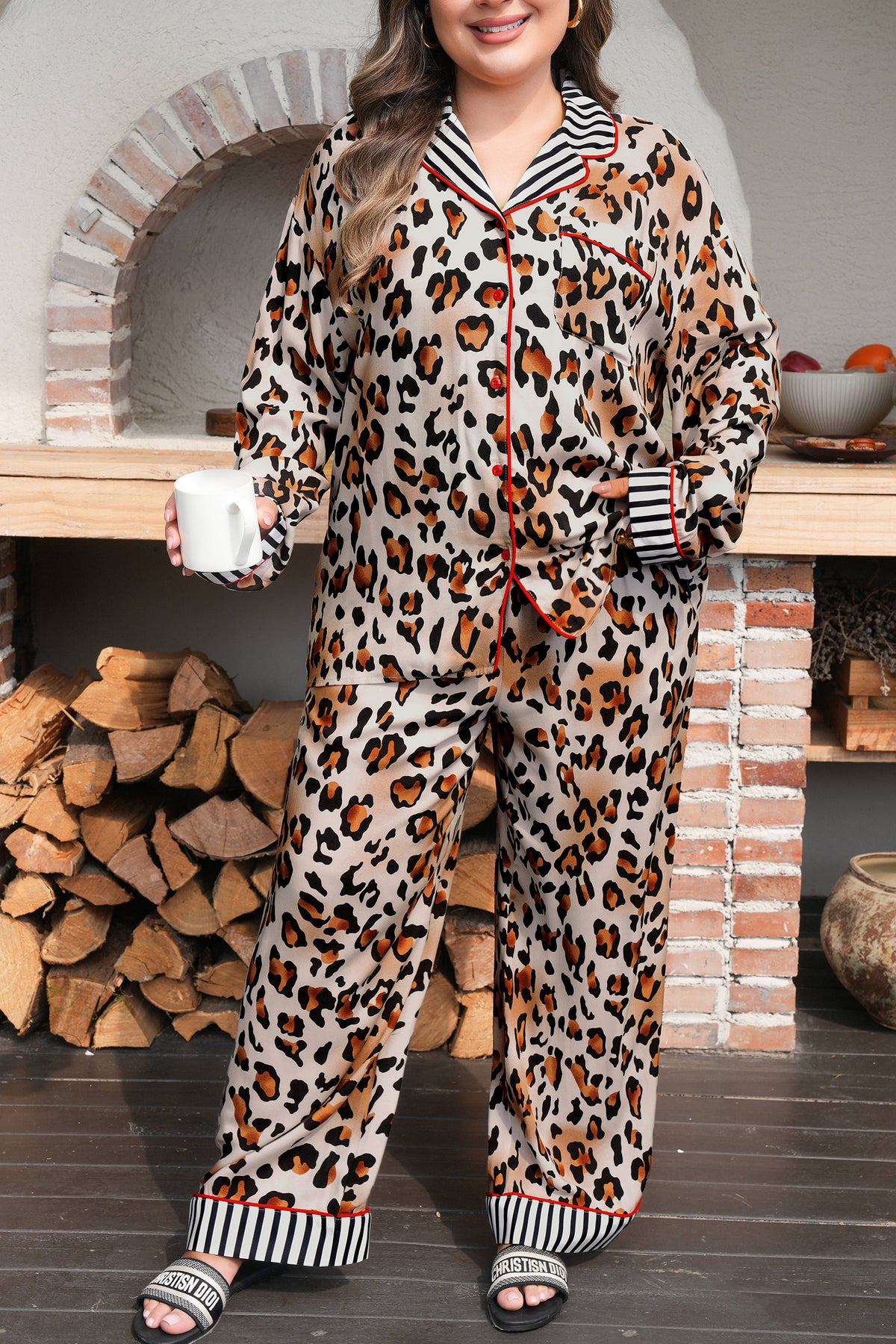 Leopard Print with Black/White Striped Accents 2pc Pants Pajama Set