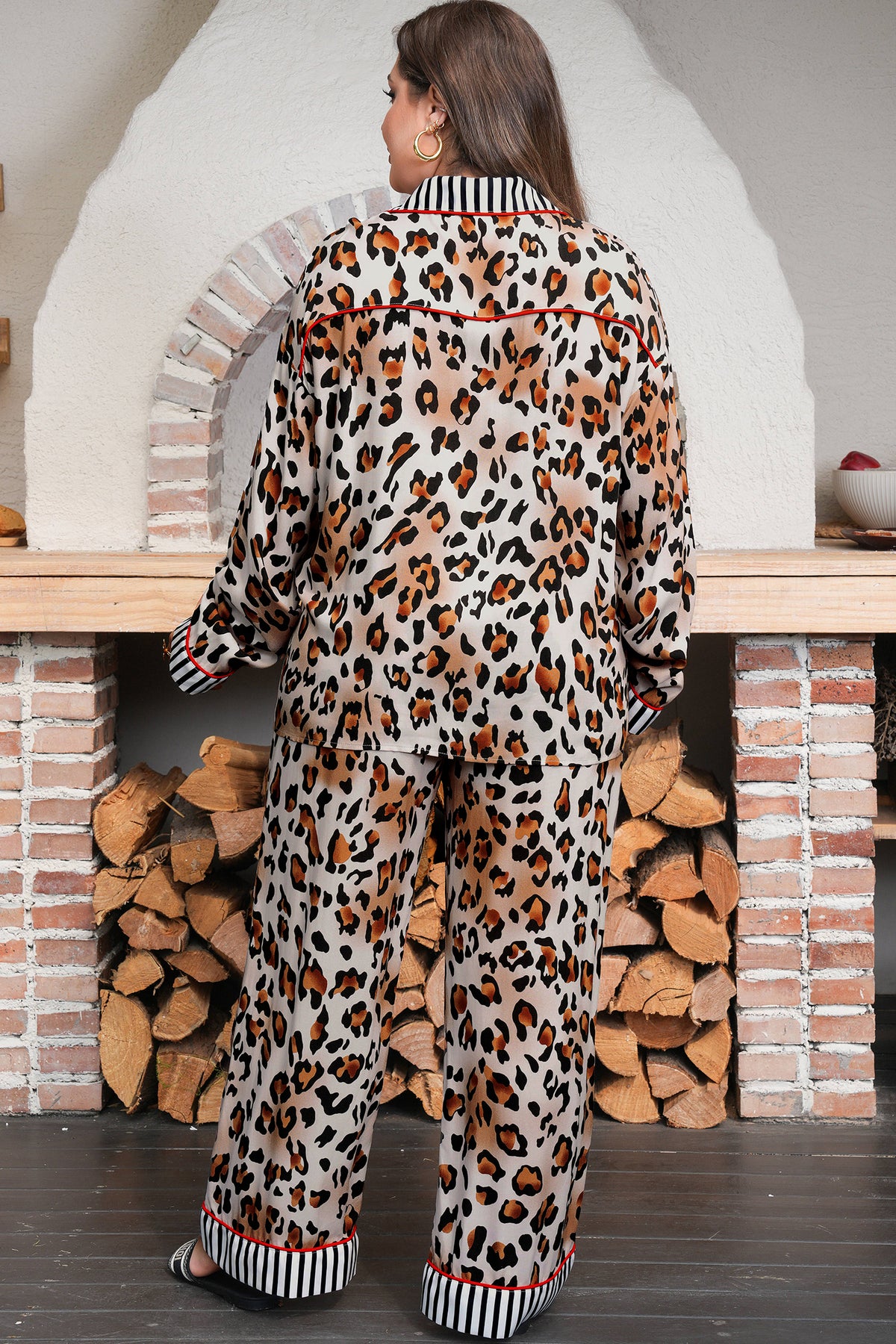 Leopard Print with Black/White Striped Accents 2pc Pants Pajama Set