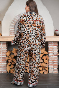 Leopard Print with Black/White Striped Accents 2pc Pants Pajama Set