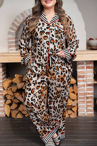 Leopard Print with Black/White Striped Accents 2pc Pants Pajama Set