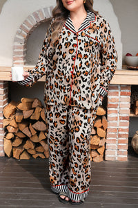 Leopard Print with Black/White Striped Accents 2pc Pants Pajama Set