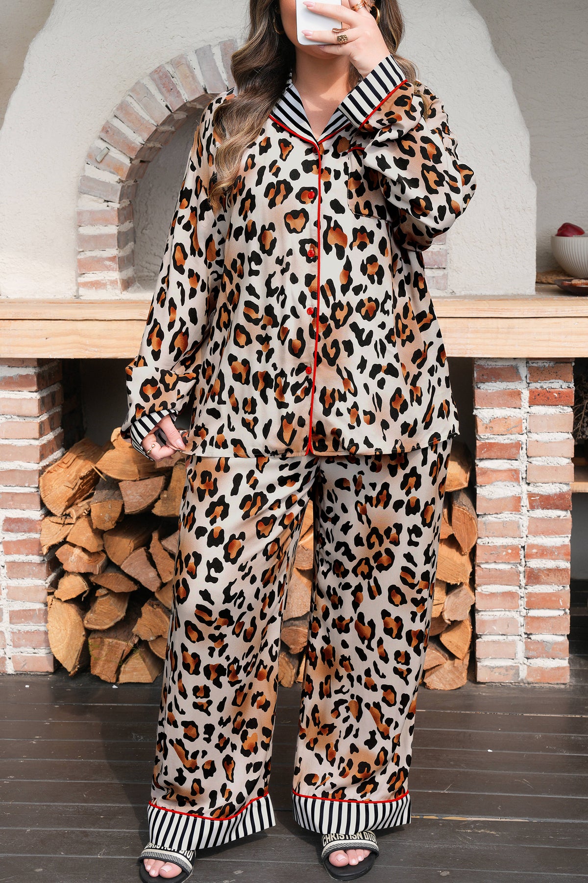 Leopard Print with Black/White Striped Accents 2pc Pants Pajama Set
